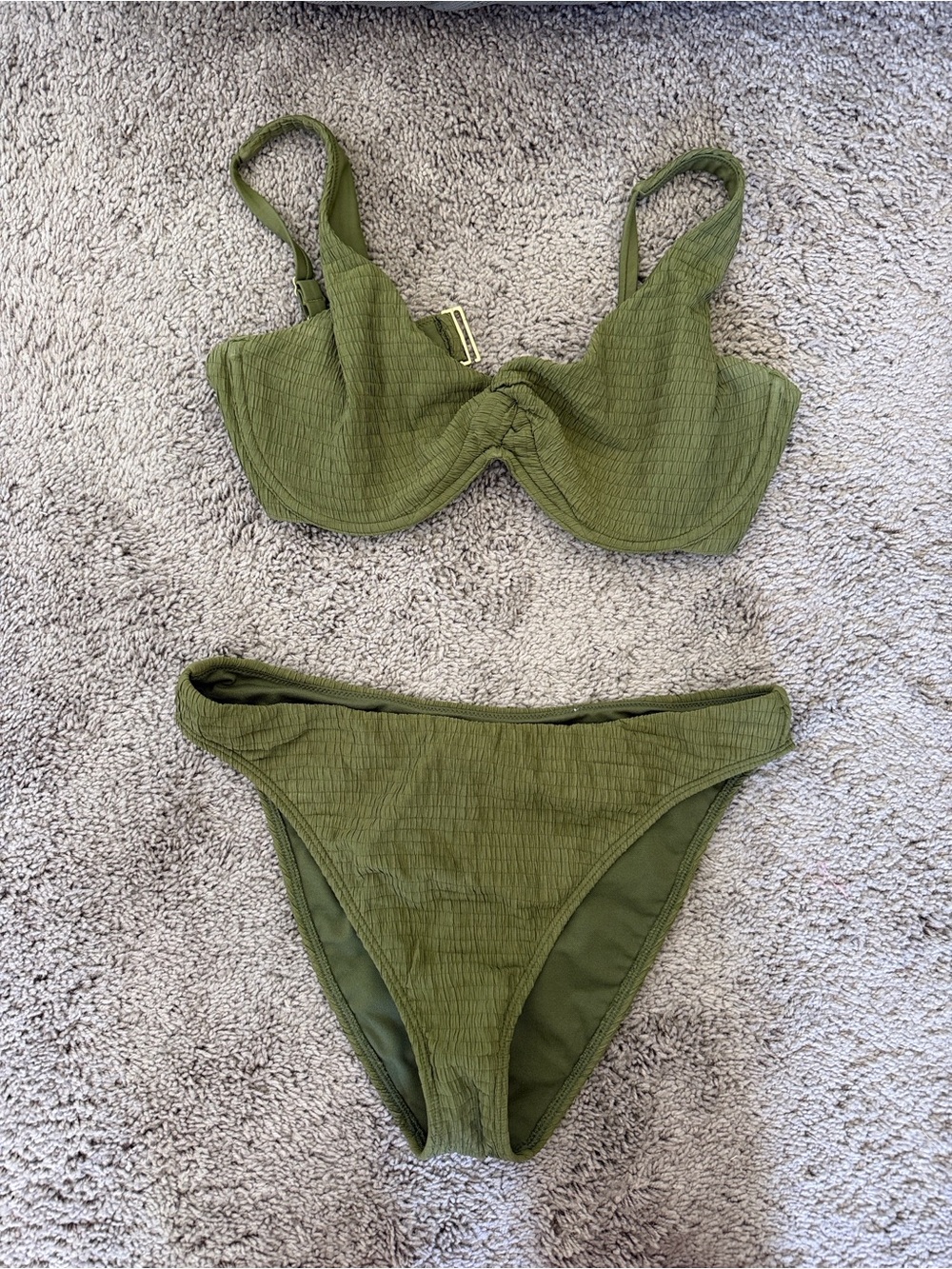 Olive Green Textured Underwire Bikini Set - Women Swim